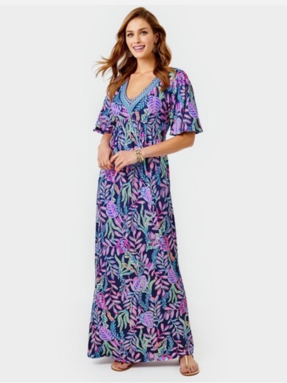 Lilly Pulitzer Manuela Maxi Dress Navy Pink Knit V-Neck Puff Sleeve Size Small